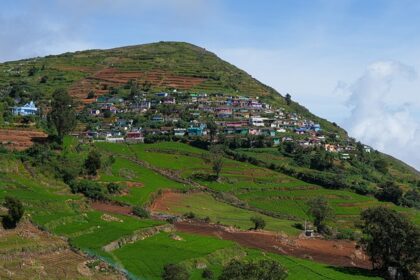 A picture capturing the aerial view of Karur featuring many white houses and trees.