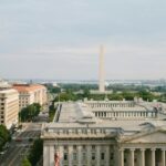 Grey concrete buildings in Washington D.C. with classic architecture and cloudy sky.—Things to Do in Washington D.C