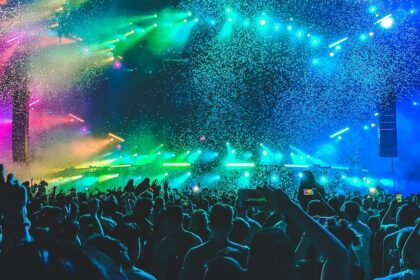 An image of a crowd enjoying a famous music festival in December, showing vibrant atmosphere.