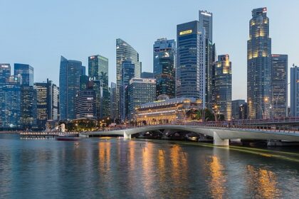 Evening skyline of Singapore's Central Business District featuring the Esplanade Bridge, one of the best places to visit in Singapore in July.