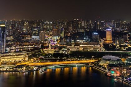 Singapore's Central Business District view at night with illuminated skyscrapers and city