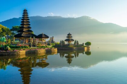 Ulun Danu Temple Bratan Lake in the morning at Bedugul, Bali, Indonesia