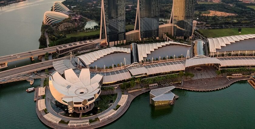 Marina Bay Singapore skyline at sunset, a popular places to visit in February near India.
