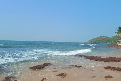 Anjuna Beach with golden sand and palm trees, among places to visit in Goa near Mapusa.