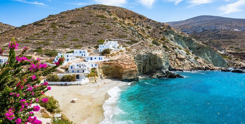 Agkali Beach and sea bay on Folegandros, peaceful places to visit near Santorini.