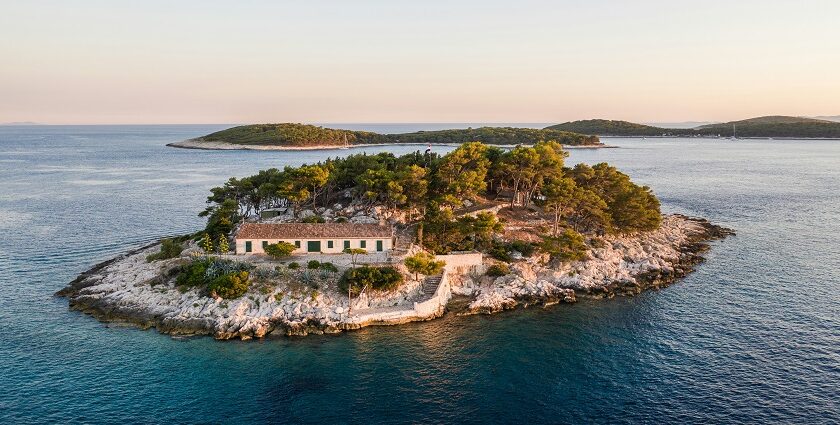 Aerial view of Hvar Island surrounded by clear blue water, one of the best places to visit near Split.