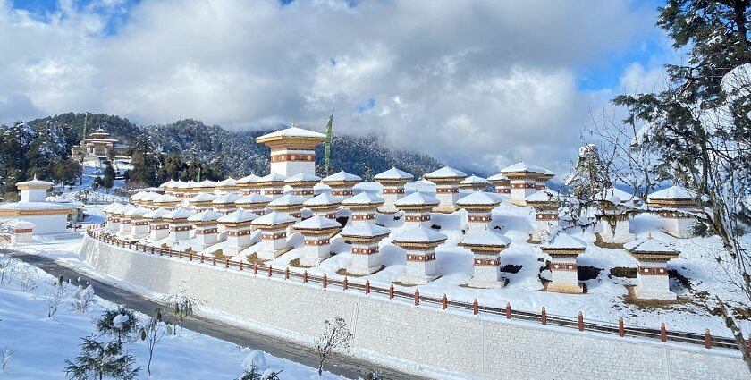 108 chortens at Dochula Pass with Himalayan views, one of the top places to visit near Thimphu.