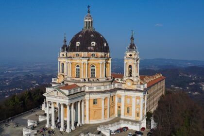 Aerial view of Superga Basilica, one of the top places to visit near Turin, Italy.