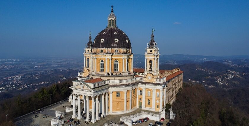 Aerial view of Superga Basilica, one of the top places to visit near Turin, Italy.