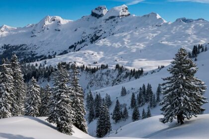 Scenic view of Grächen with snow-covered mountains, charming places to visit near Zermatt.
