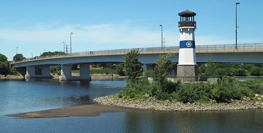 Plymouth Avenue Bridge over a water body in Plymouth with a small white architectural tower