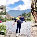 Breathtaking landscapes of tourists enjoying their trip to Bhutan with amazing backdrops.