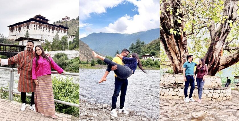 Breathtaking landscapes of tourists enjoying their trip to Bhutan with amazing backdrops.