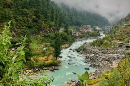 Serene river flowing through lush greenery in Kasauli, among places to visit near Chandigarh in winters.