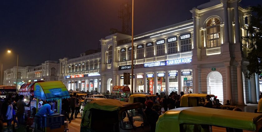 Night view of Connaught Place, New Delhi, highlighting bright Georgian architecture.