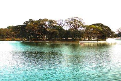 Scenic view of Ulsoor Lake with calm waters and trees, one of the best places to visit near Domlur.