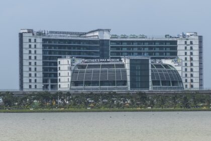 A distant view of the Mother’s Wax Museum from across the Eco Park Water Body in Kolkata