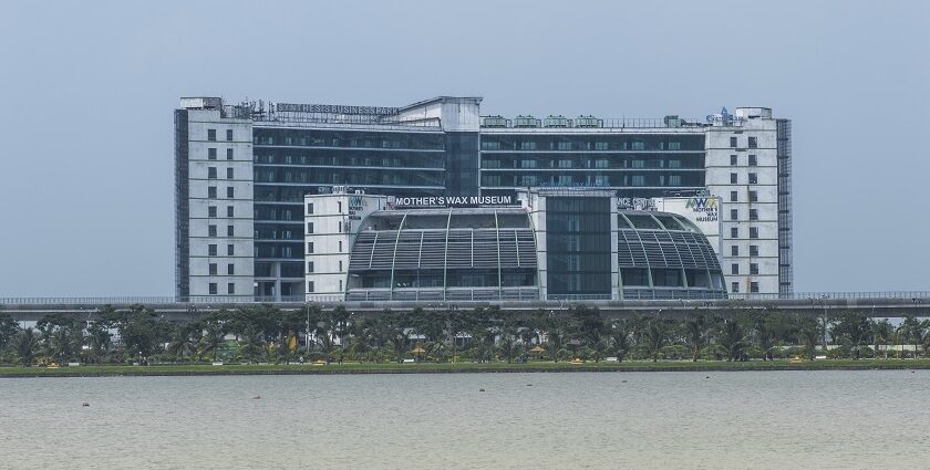 A distant view of the Mother’s Wax Museum from across the Eco Park Water Body in Kolkata