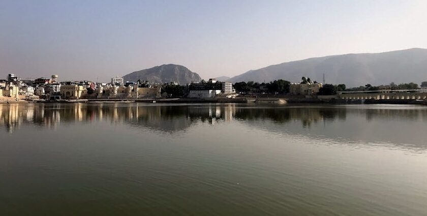 Scenic Pushkar Lake with city view, one of the best places to visit near Jaipur within 500 km.