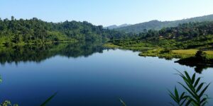 A scenic view of the Shilloi Lake surrounded by lush greenery, one of the stunning places to visit near Kohima.