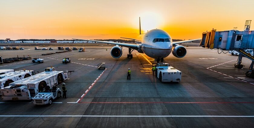 Airplane at runway during sunset at Mangaluru International Airport, one of the best airports in Karnataka.