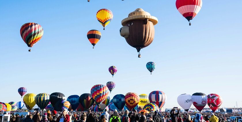 Several hot air balloons rising during Albuquerque International Balloon Fiesta with crowds watching the launch.