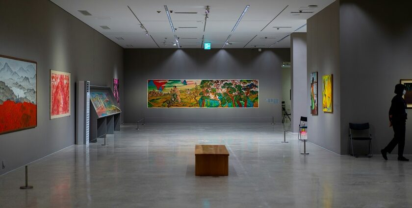 Interior view with traditional paintings adorning the walls, one of the best art galleries in Kerala.