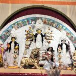 Grand Durga Puja pandal decorated with Goddess Durga idols during the best Navratri in India.
