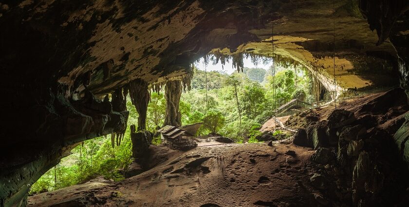 Niah Caves entrance with ancient rock formations, a top attraction among caves in Malaysia.