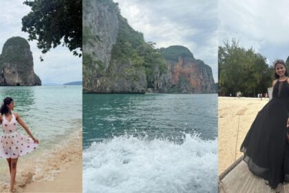 A landscape of a traveller with azure blue lagoon in the middle with an amazing backdrop.