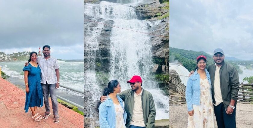 A breathtaking landscape of a couple enjoying their trip to Kerala amidst amazing views.