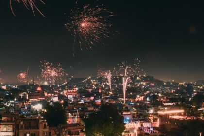 Fireworks light up the night sky during the Diwali celebration in Delhi.