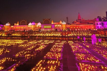 Thousands of diyas light up Ayodhya's riverfront ghats during Diwali in Ayodhya.