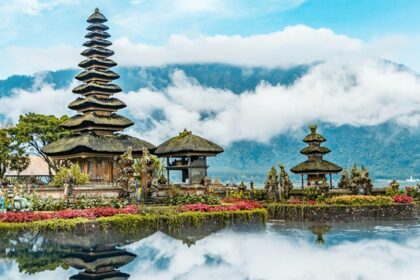 Ulun Danu Beratan Temple during colorful festivals in Bali celebration.