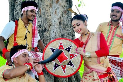 Artists with trumpet and dhols perform Bihu Dance at Rongali Bihu, festivals in North East India.