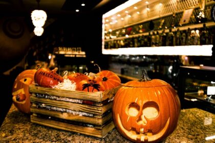 Halloween is celebrated with scary setups including that of carved pumpkins and spooky ambience.