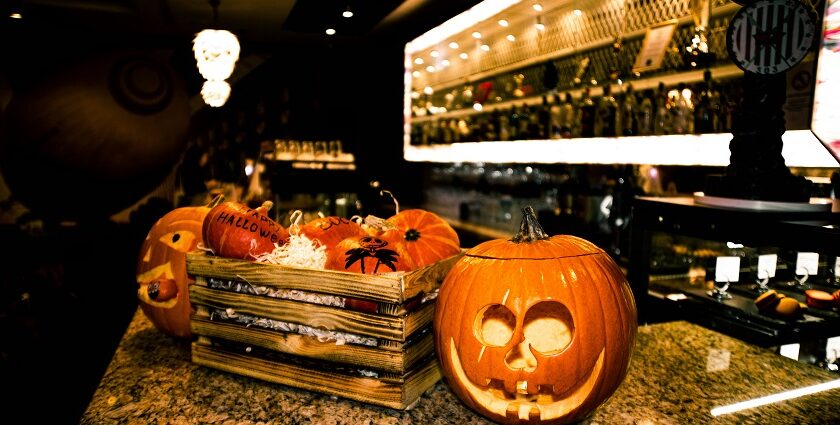 Halloween is celebrated with scary setups including that of carved pumpkins and spooky ambience.