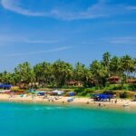Scenic beach with sandy shore and palm trees, showcasing the islands in Goa.