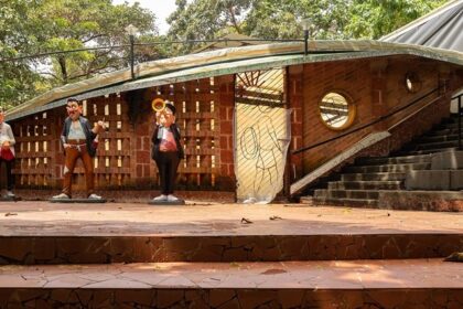 Outdoor music room at the Houses of Goa Museum with colourful musician statues, one of the best museums in Goa.
