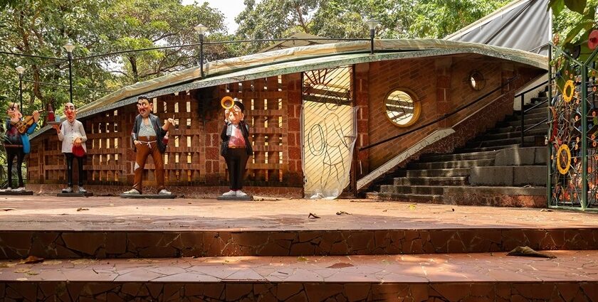 Outdoor music room at the Houses of Goa Museum with colourful musician statues, one of the best museums in Goa.