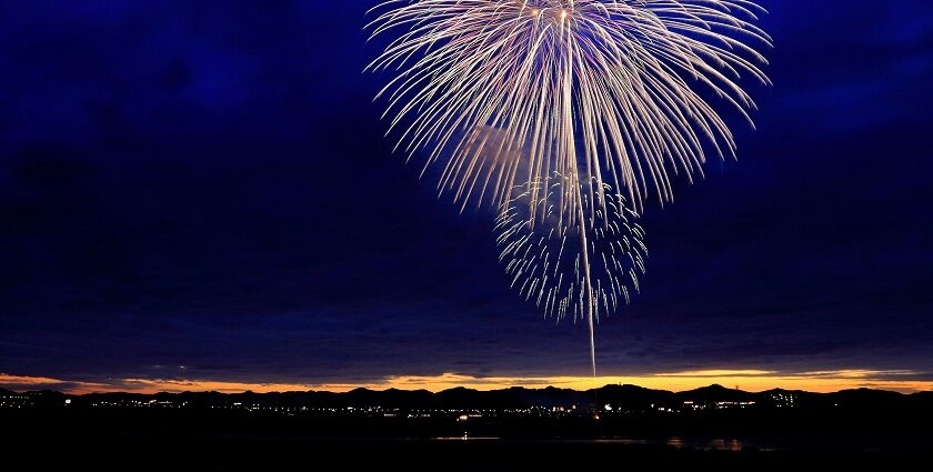 Colourful fireworks display celebrating the new year in Karnataka at midnight.