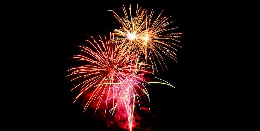 Colorful fireworks lighting up the night sky during New Year in Rajasthan celebrations.