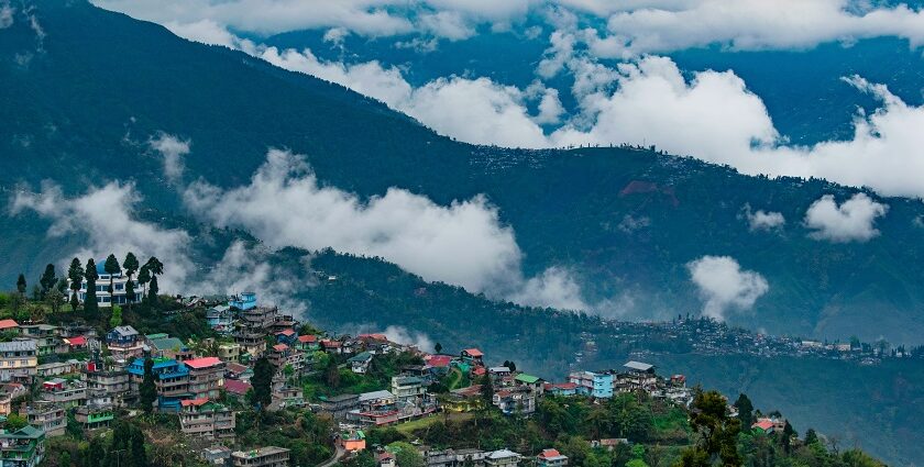 Aerial view of Darjeeling city near mountains, showcasing scenic landscapes and offbeat places in Darjeeling.