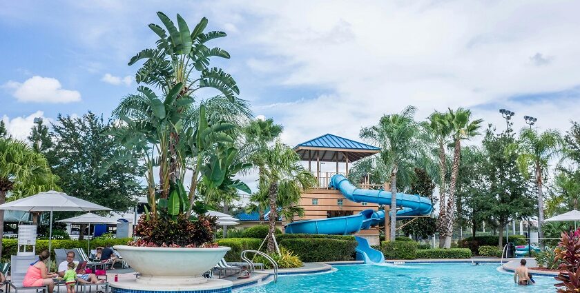 Dream World Water Theme Park waterslide with kids enjoying fun rides, parks in Kerala.