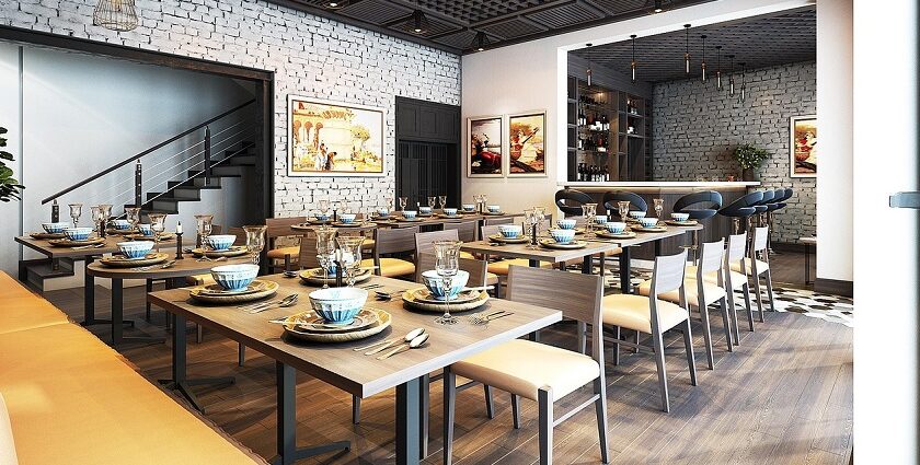 Interior view of Roll House with wooden tables and chairs, one of the top pure veg restaurants in Gangtok.