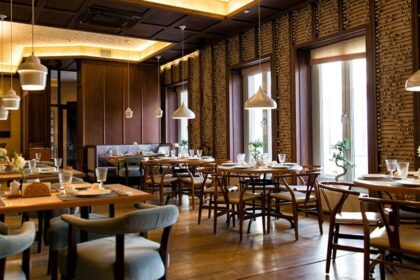 Interior view of Confucius with chairs and lights, one of the best restaurants in city centre Guwahati.