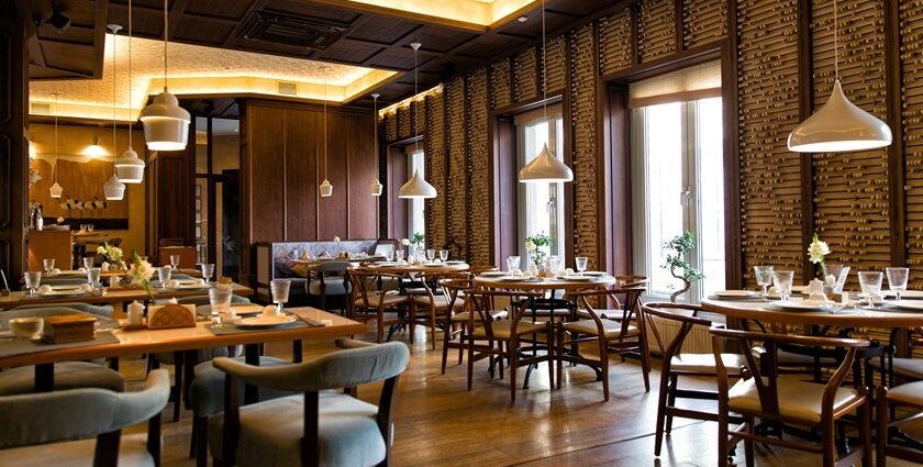 Interior view of Confucius with chairs and lights, one of the best restaurants in city centre Guwahati.