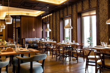 A room with tables and chairs under dim lighting, one of the best restaurants in Neil Island.