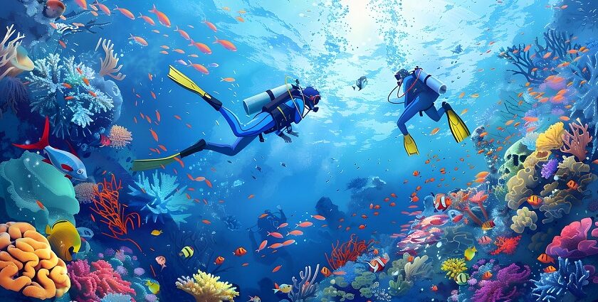 Scuba diving in Karnataka revealing the sea bed with corals and marine life.