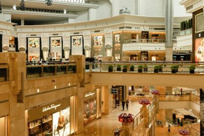 Interior view of Lulu Mall with shops and bright lighting, showcasing shopping in Kerala.